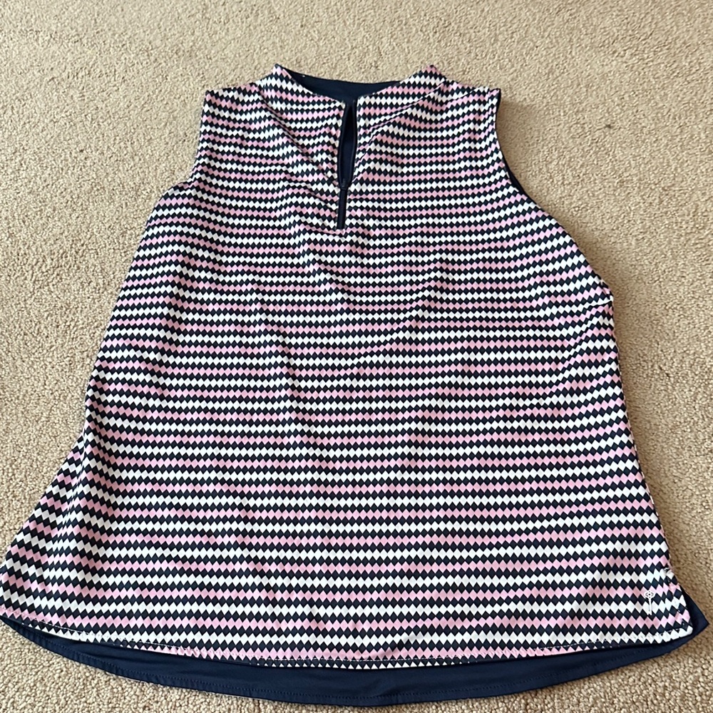 Belyn Key Navy, Pink and White Geometric Sleeveless Shell